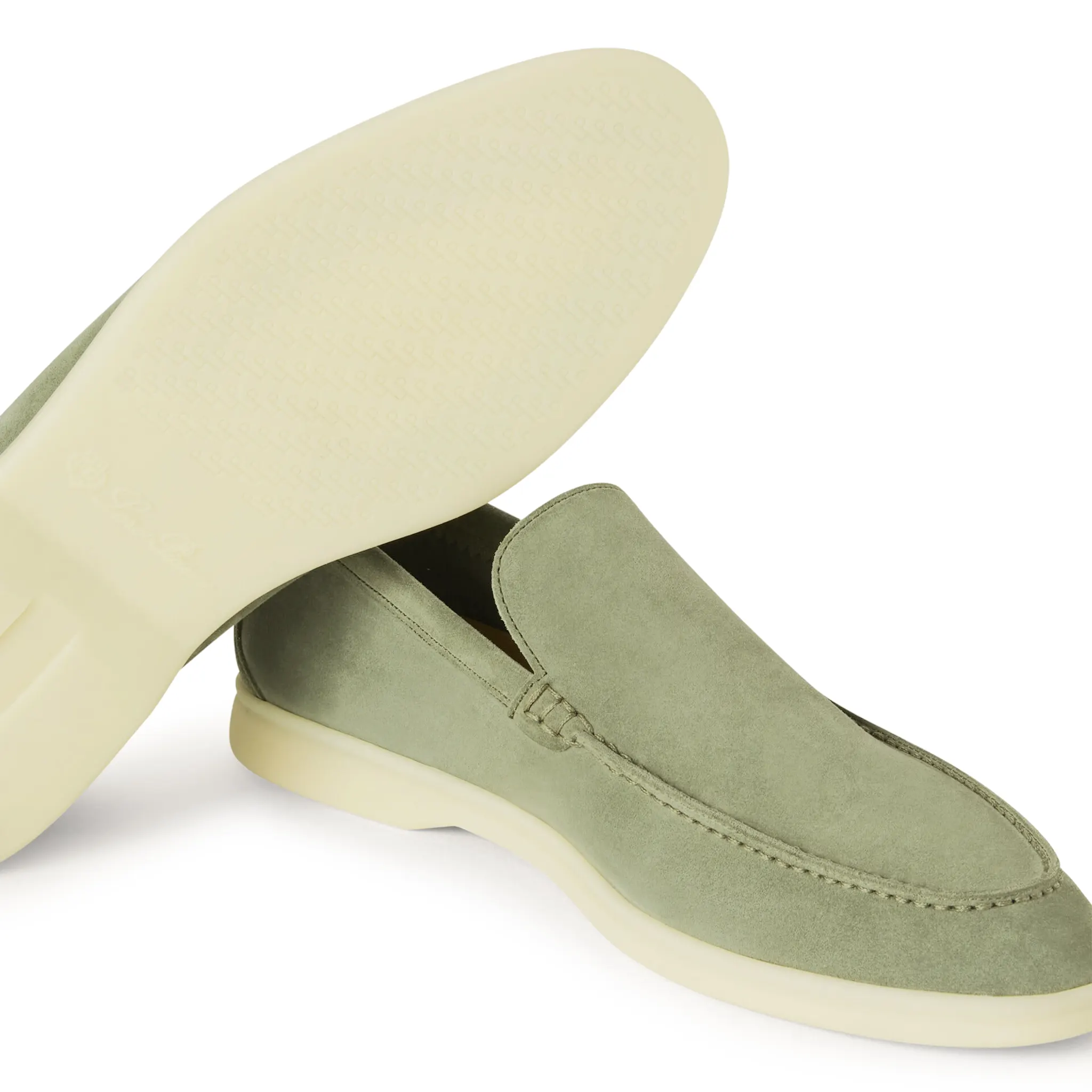 Sole, Upper, Side View of Loro Piana Summer Walk Suede Shamrock Loafers FAE8124
